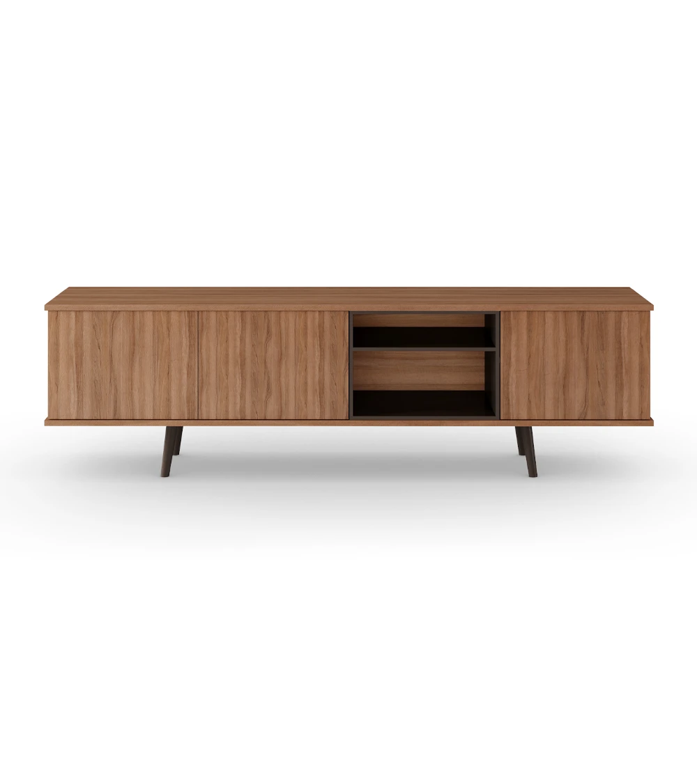TV stand with 3 doors and walnut structure, module and feet lacquered in dark brown.