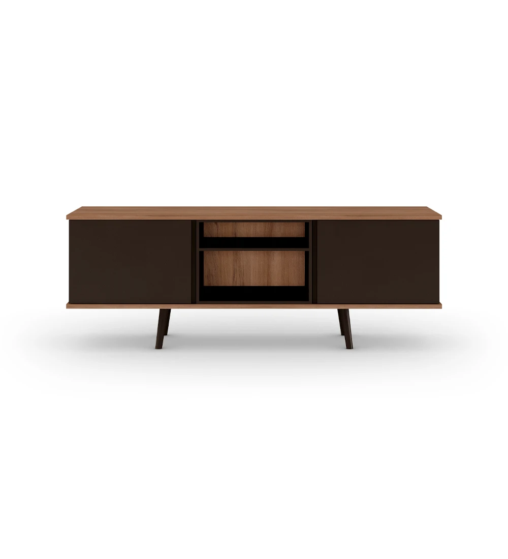 TV stand with 2 doors, module and feet lacquered in dark brown, walnut structure.