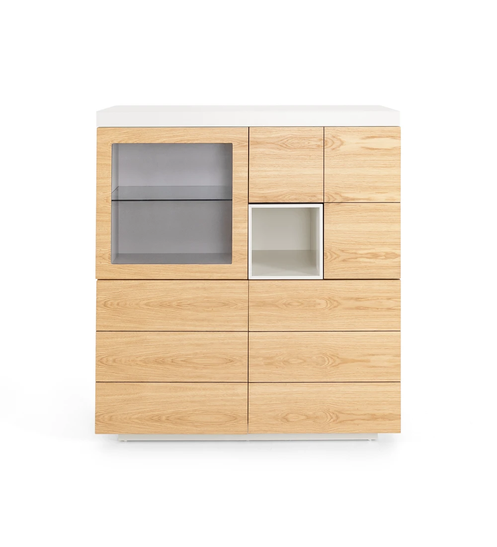 Cupboard with 4 doors in natural oak, frame and module lacquered in pearl.
