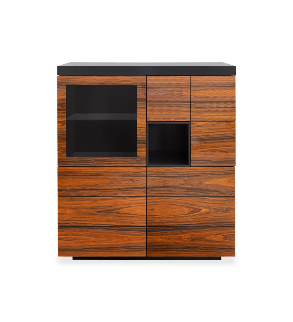 Cupboard with 4 doors in high gloss palissander, black lacquered frame and module.