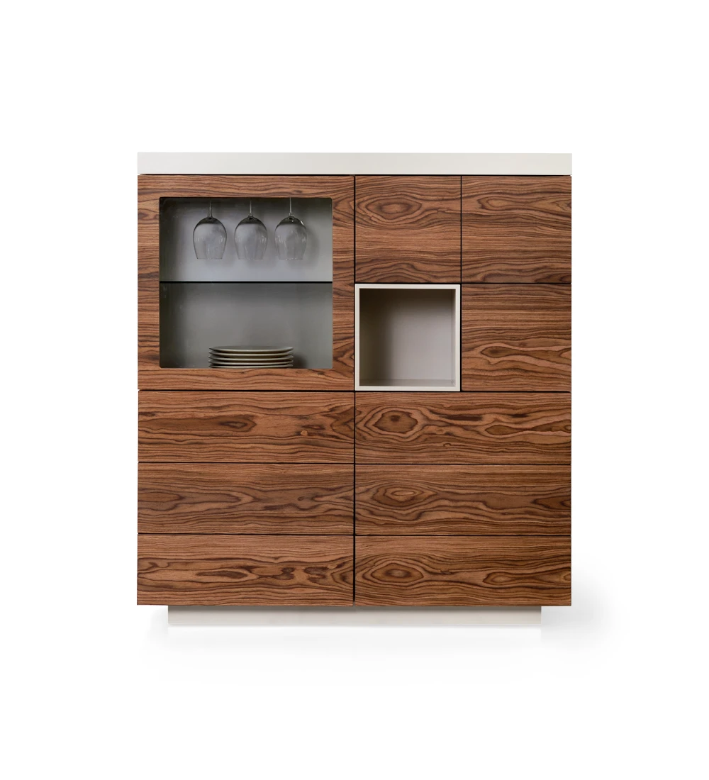 Bar cabinet with 4 walnut doors, with bar door, pearl lacquered structure and module