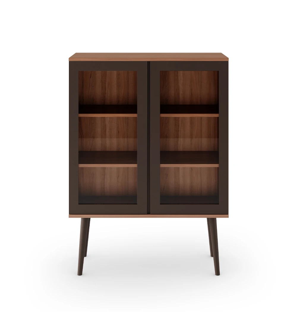 Showcase with 2 dark brown lacquered doors with glass, walnut structure and shelves, dark brown lacquered feet.