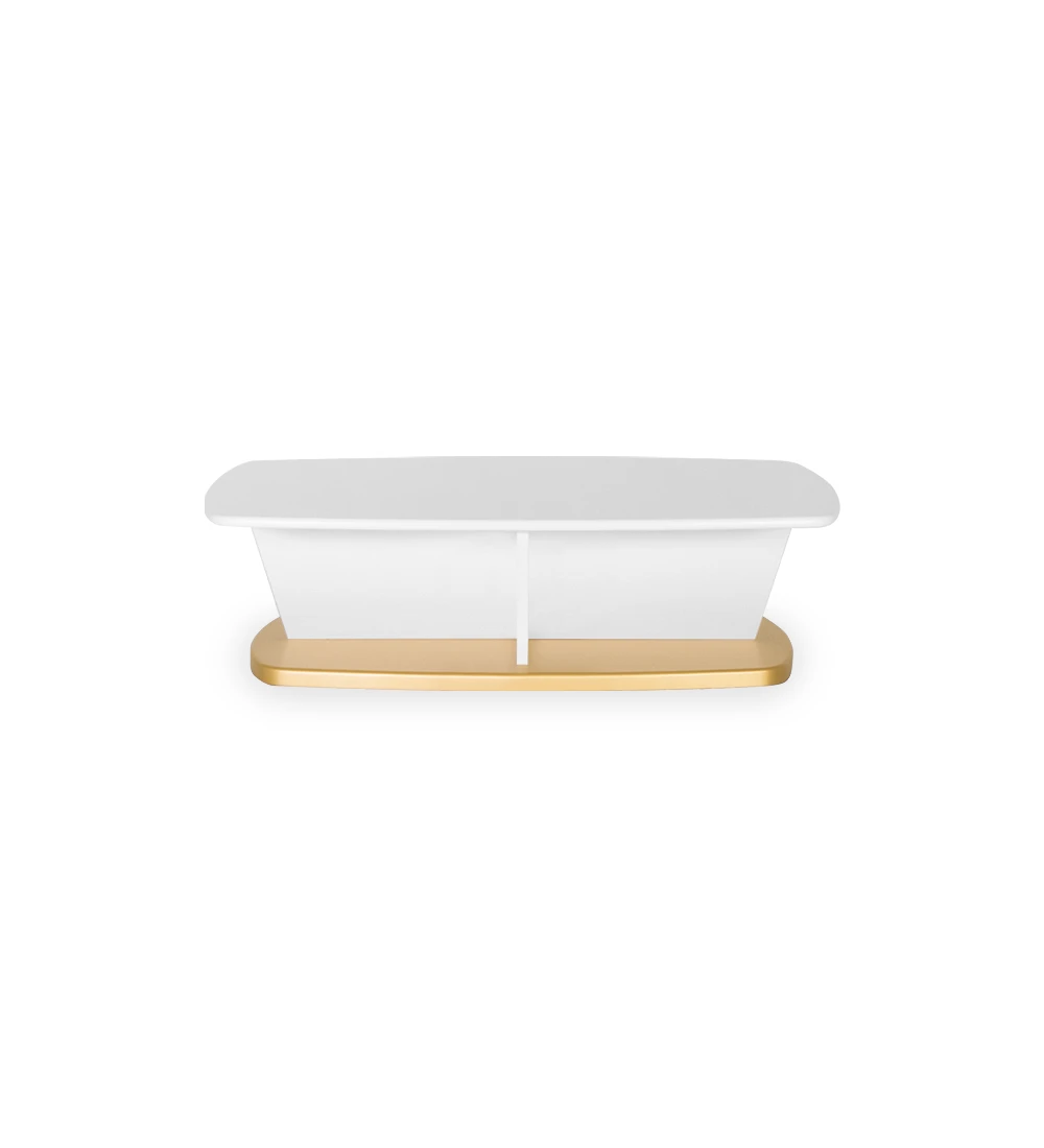 Table basse rectangulaire, avec plateau laqué blanc, structure en chêne blanc et pied laqué doré