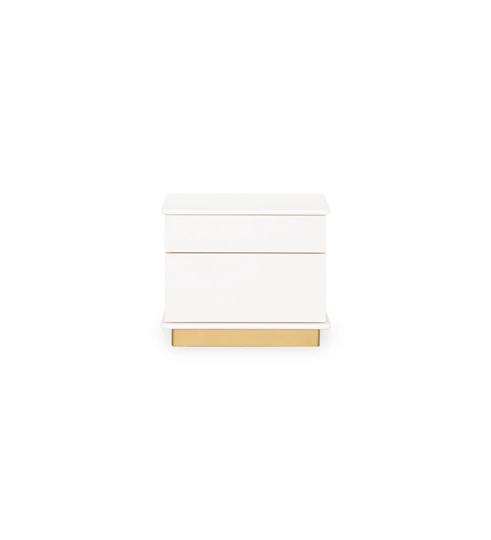 2 drawers, white lacquered top, white oak structure, lacquered golden footer