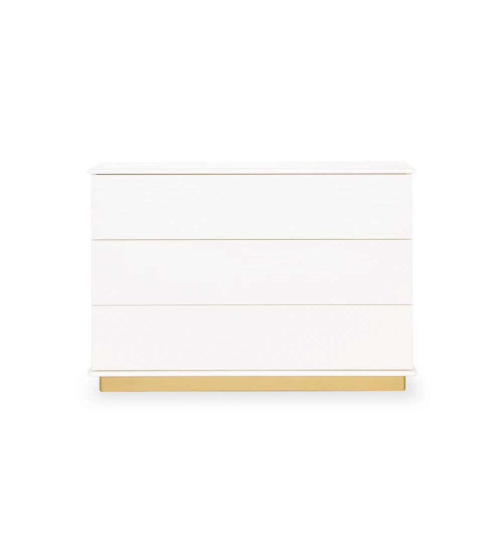 Commode avec 3 tiroirs, plateau en laqué blanc, structure en chêne blanc, pied en laqué golden