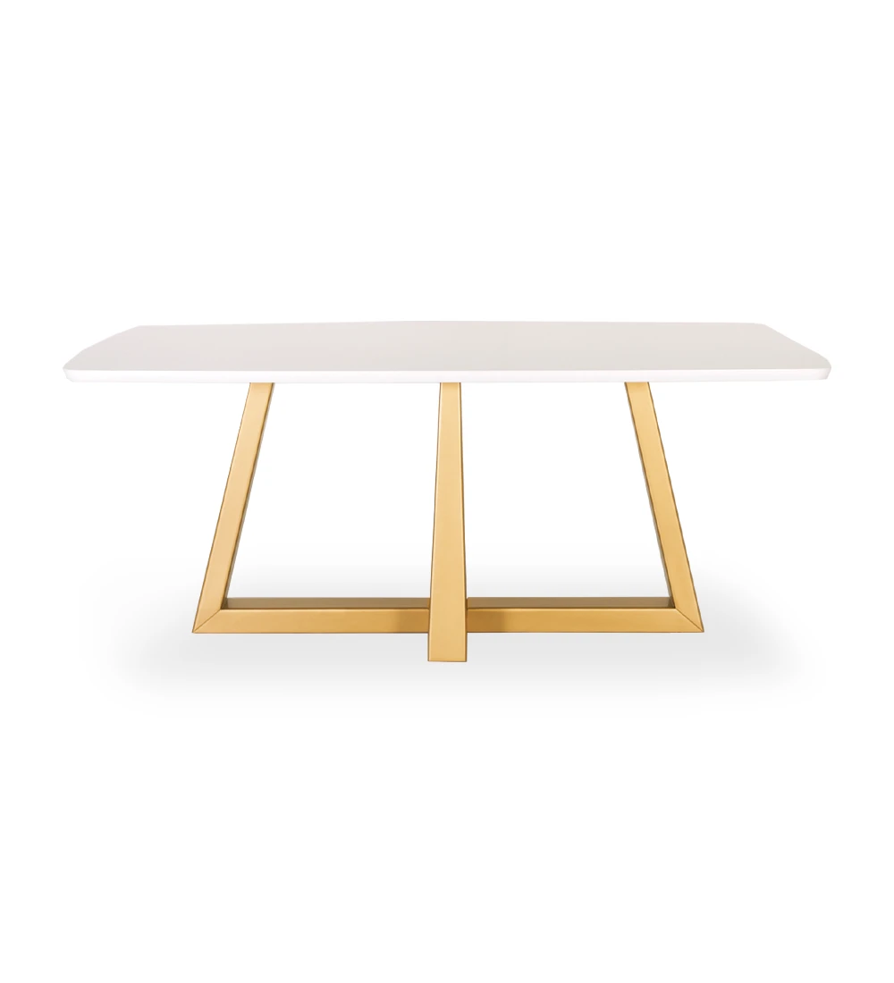 Table de salle à manger rectangulaire avec plateau laqué blanc et pied central laqué doré.