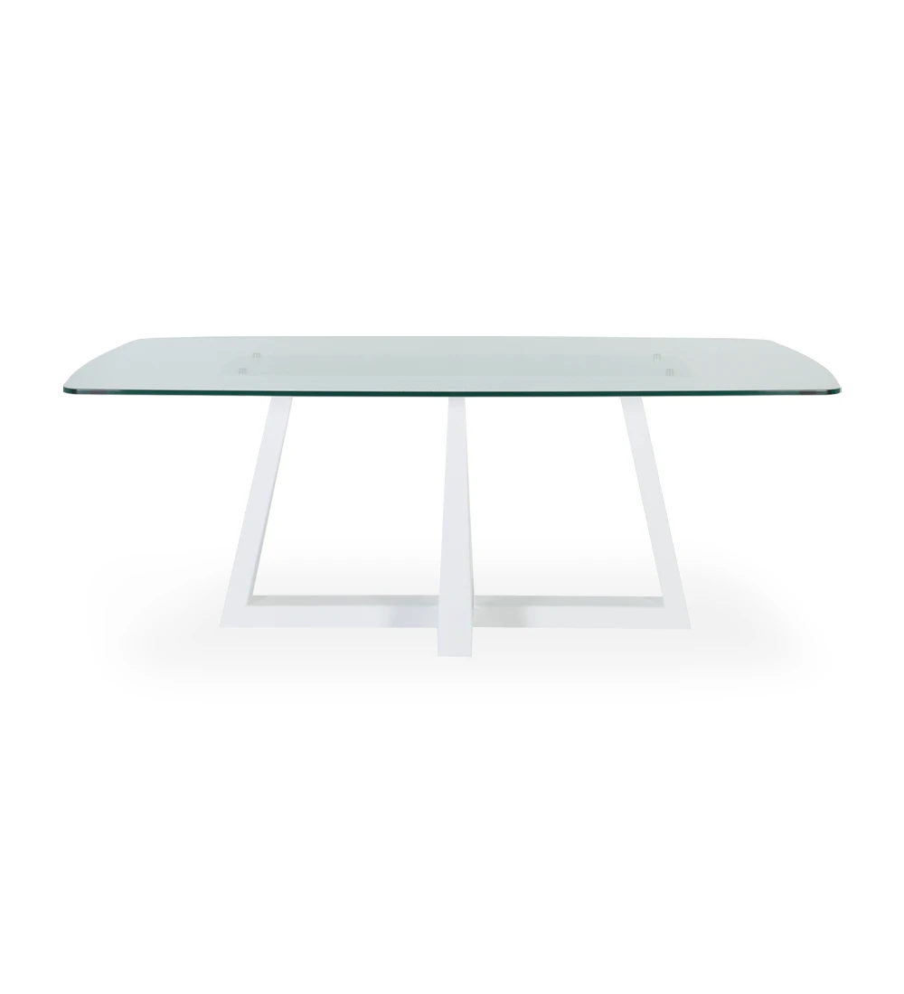 Table de repas rectangulaire avec plateau en verre et pied central laqué perle.