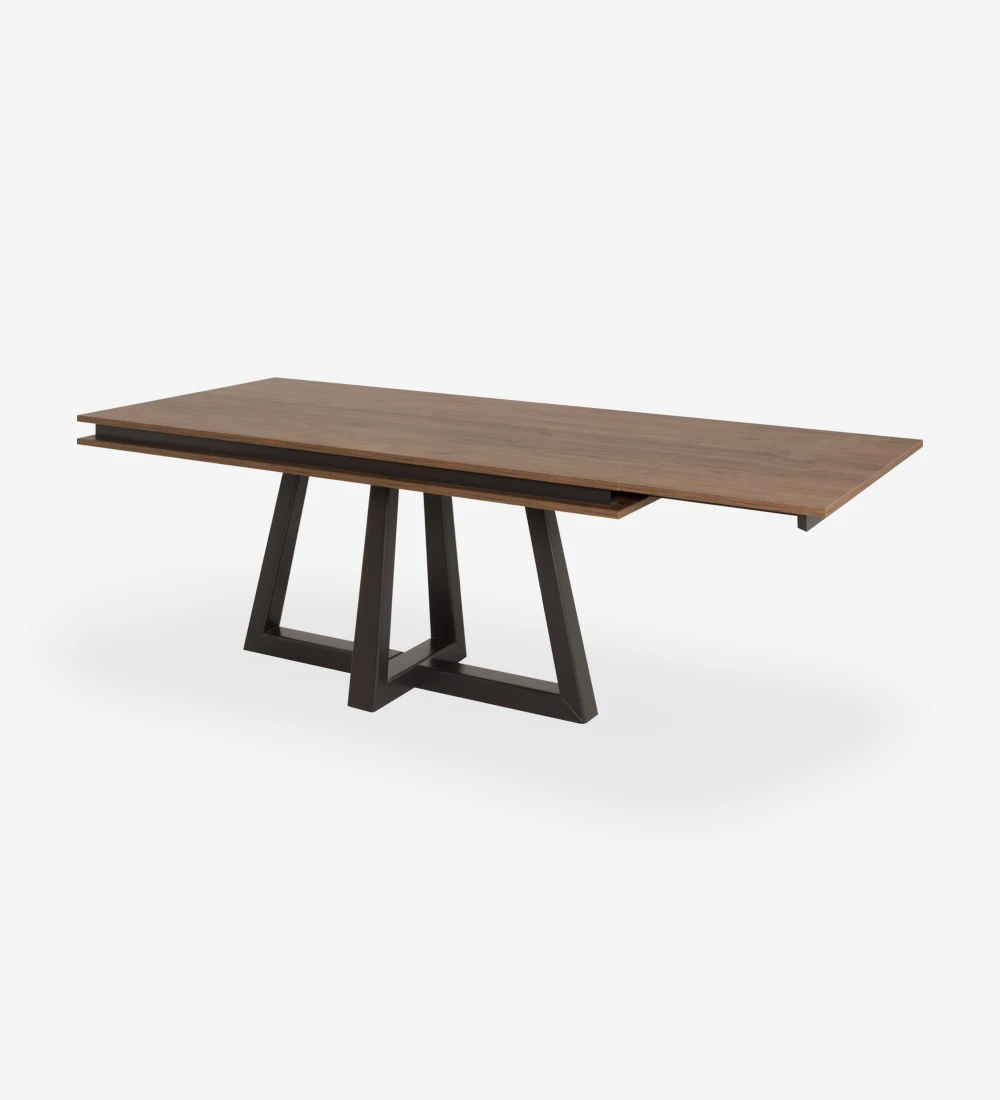 Rectangular extendable dining table with aged oak top, black lacquered center foot.