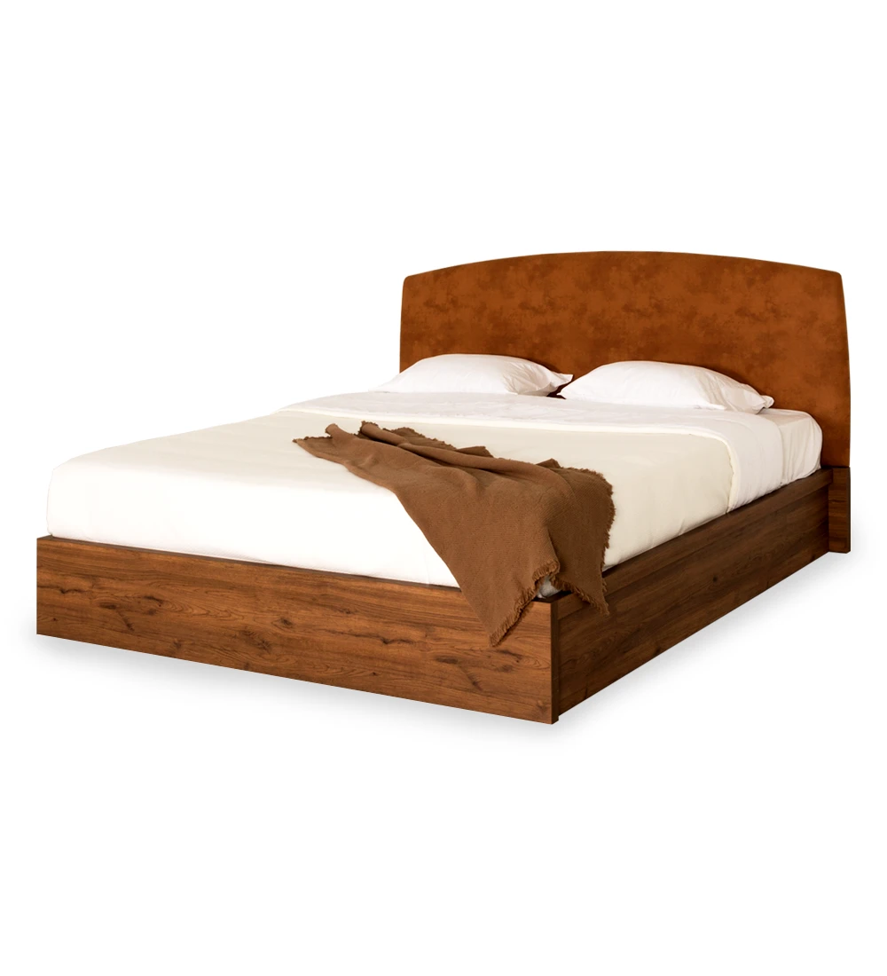 Lit Double avec tête de lit rembourrée en tissu, structure en chêne vieilli.
