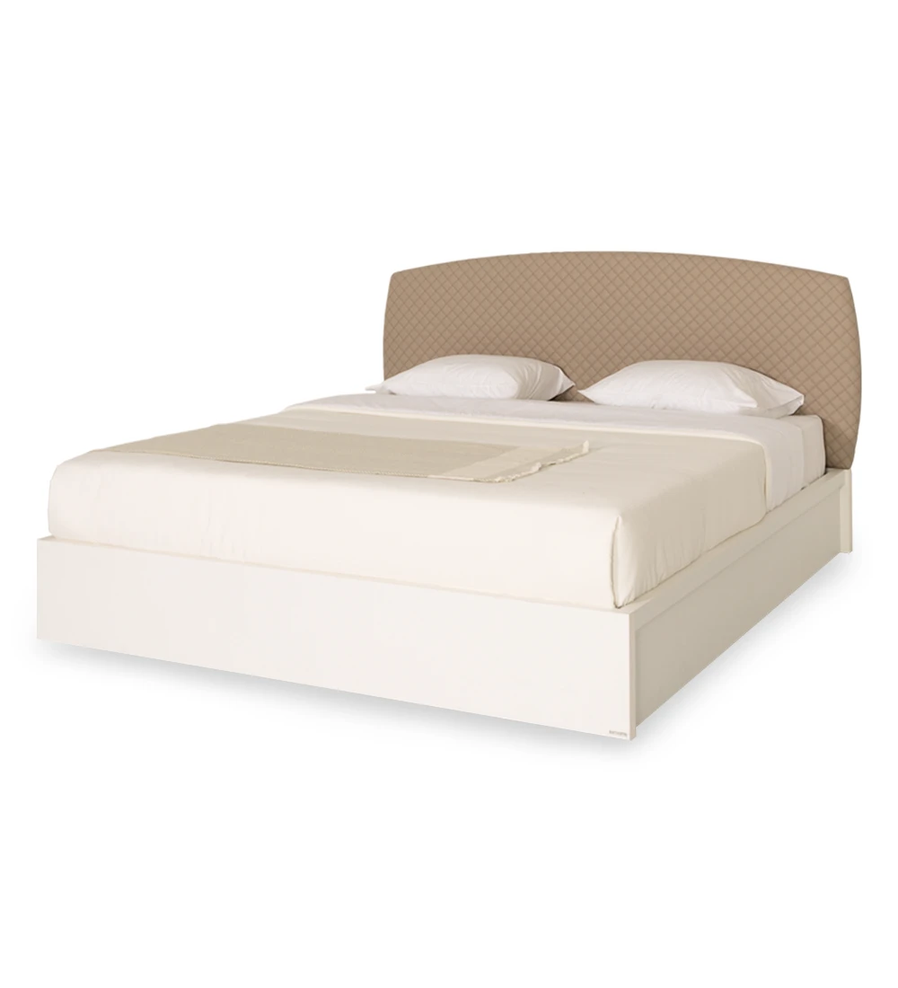 Lit Double avec tête de lit rembourrée en tissu, structure en chêne blanc.