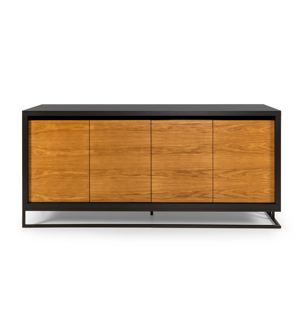 Sideboard with 4 doors in honey oak, black lacquered metal frame and foot, mirror detail.