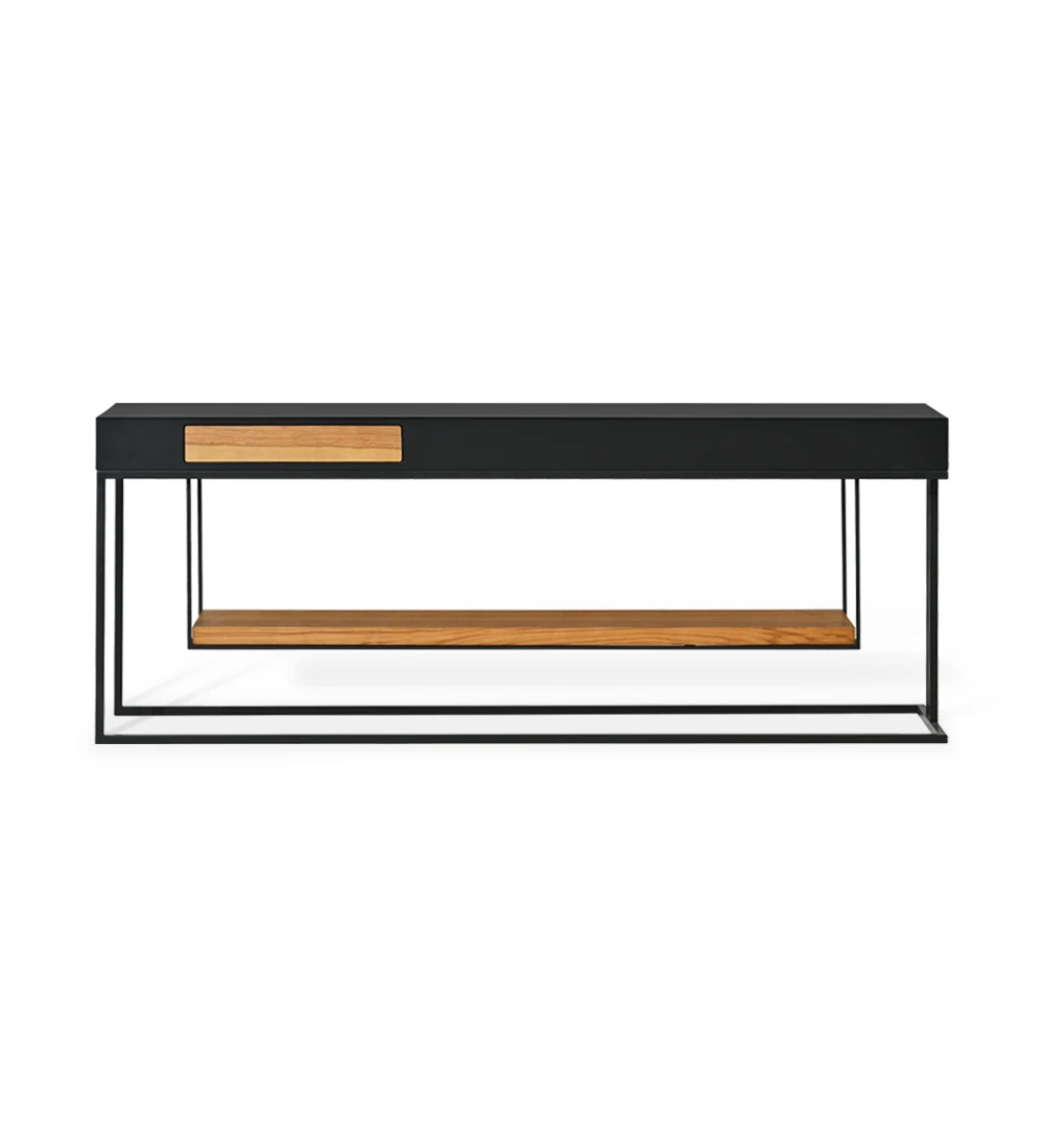 Console double face, avec tiroir de chaque côté et étagère en chêne miel, structure et pied en métal laqué noir.