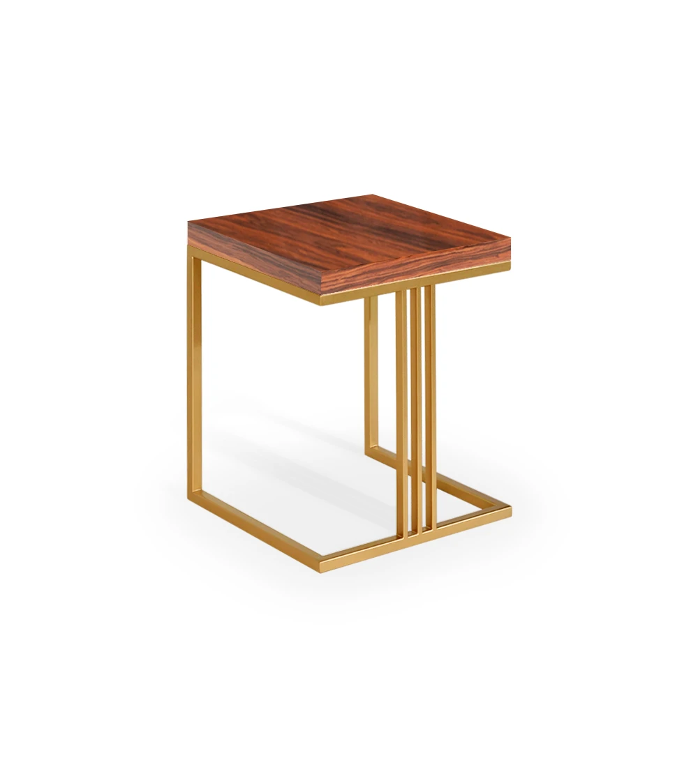 Table d'Appui carrée avec plateau en palissandre brillant et pied métallique laqué or vieilli.