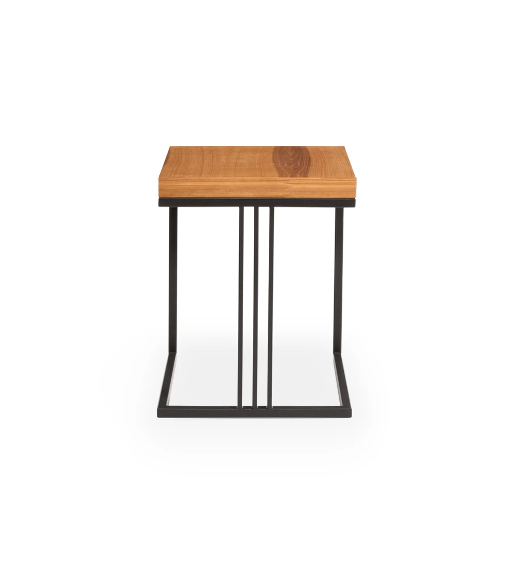 Square side table with honey oak top and black lacquered metallic foot.
