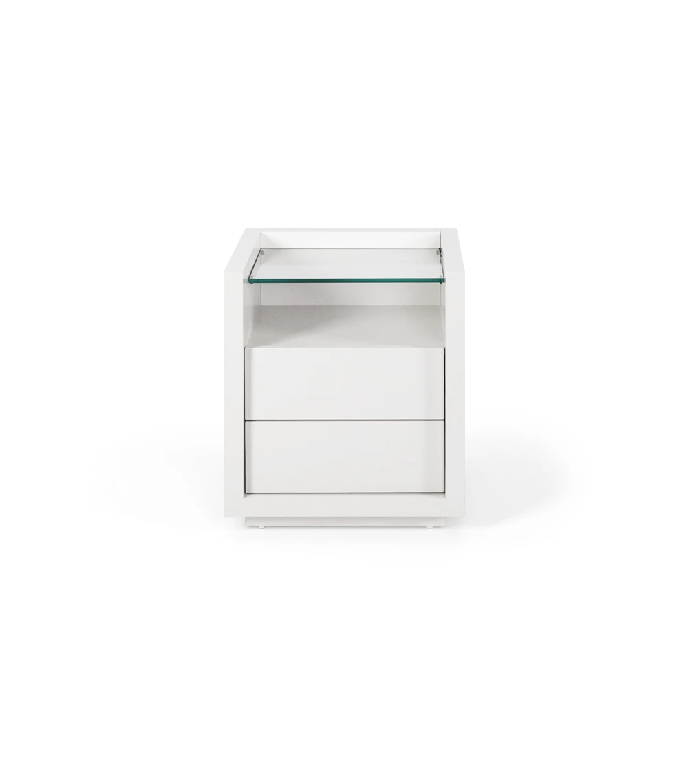 Bedside table with 2 drawers, in pearl lacquer, with glass shelf.