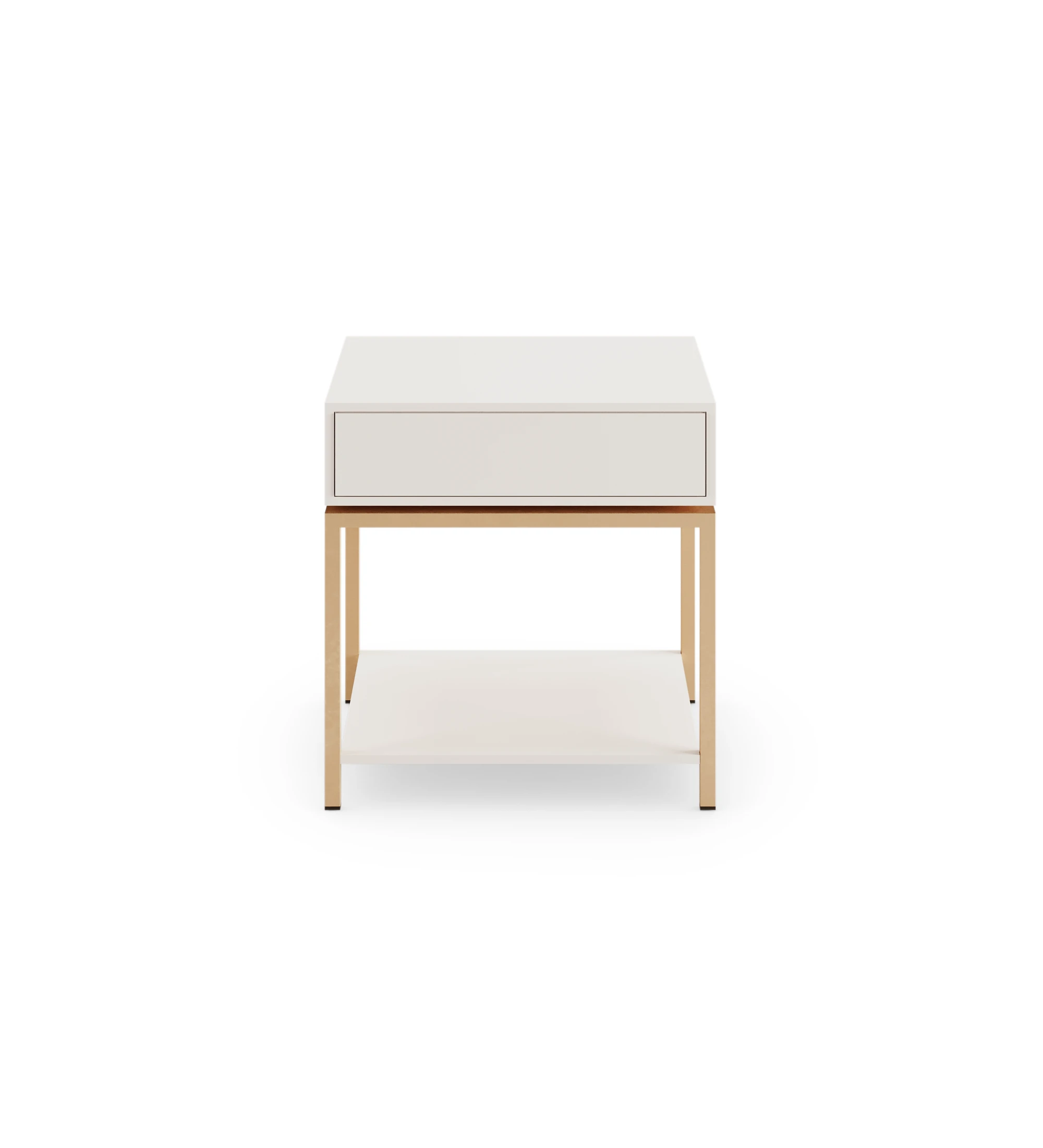 Bedside table with 1 drawer, pearl lacquered frame, with gold lacquered metal foot.