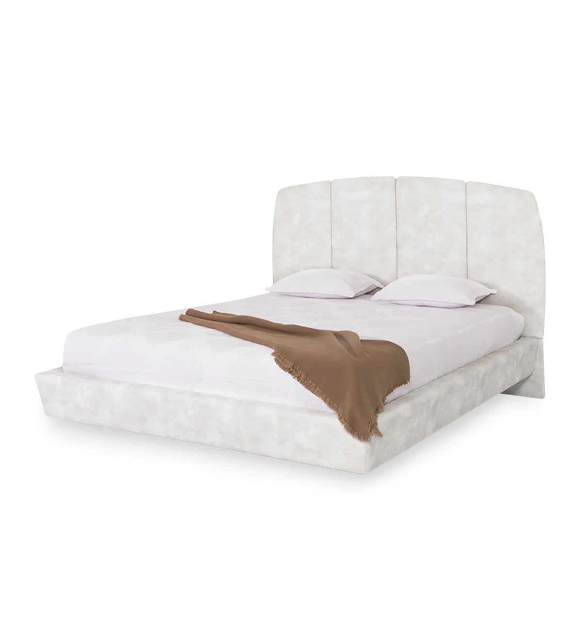 Fabric upholstered double bed with hanging backboard.