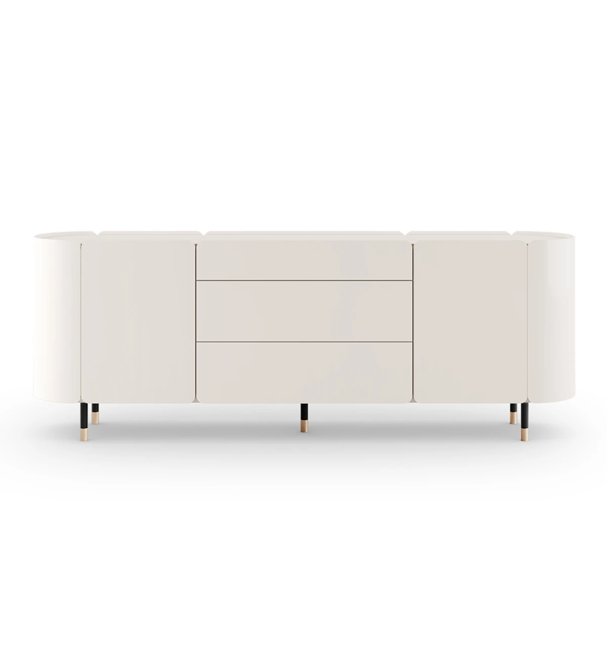 Sideboard with 2 doors and 3 drawers in pearl lacquer, interior glass shelves, black lacquered legs with gold detail.