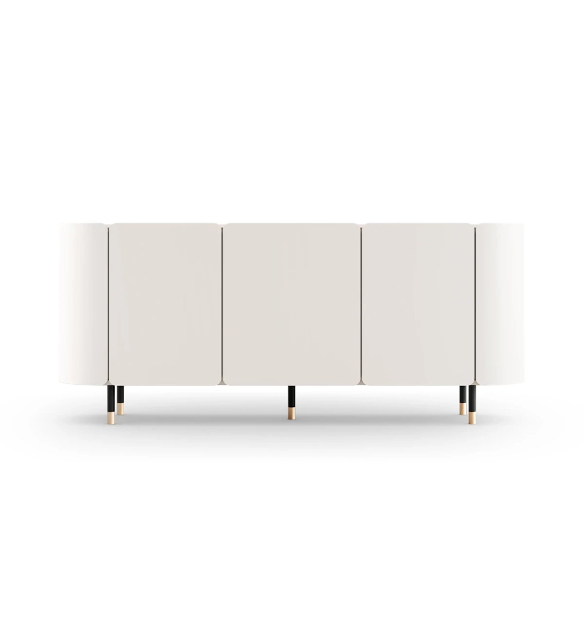 Sideboard with 3 doors and pearl lacquered frame, interior glass shelves, black lacquered legs with gold detail.