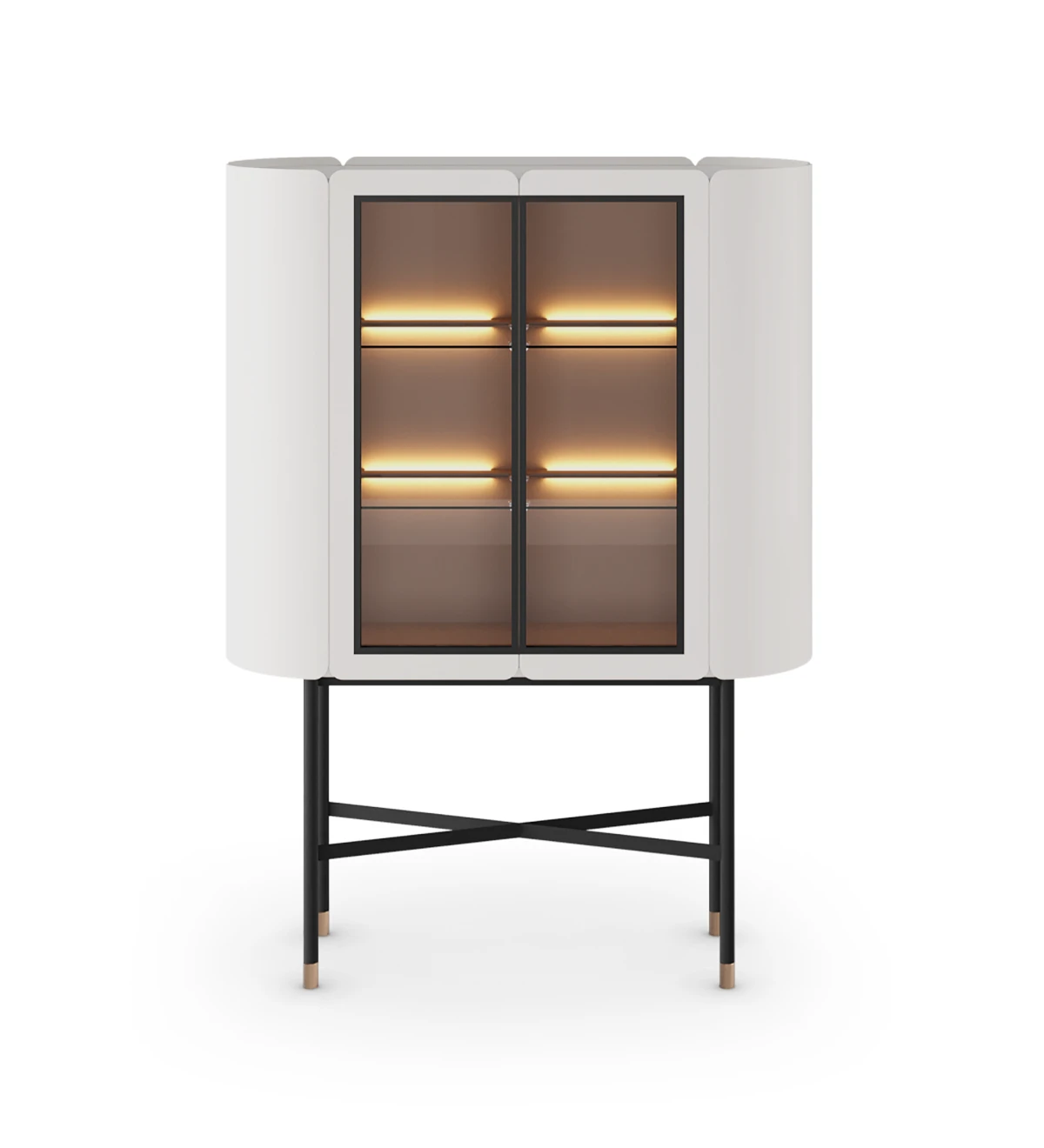 Showcase with 2 doors in pearl lacquered and glass, interior glass shelves, black lacquered feet with gold detail.