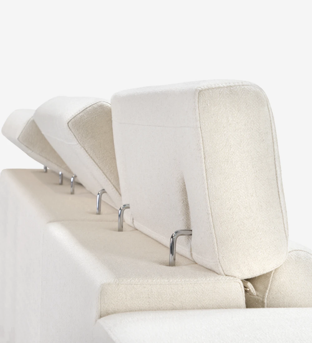 Canapé 2 places avec chaise longue réversible, revêtu de tissu, avec têtières inclinables, sièges coulissants et rangement sur la chaise longue.