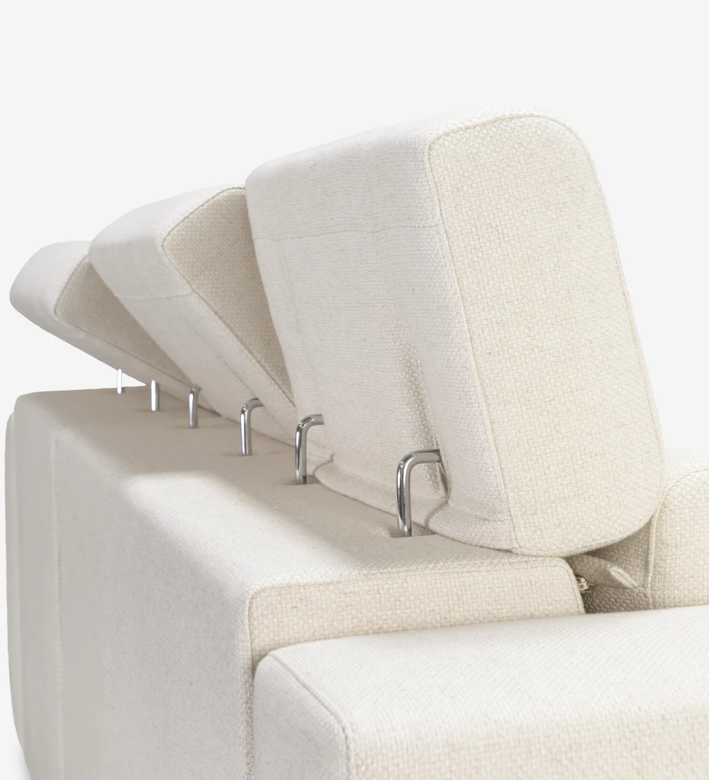 Sofá de 3 lugares estofado a tecido, com apoios de cabeça reclináveis e assentos deslizantes.