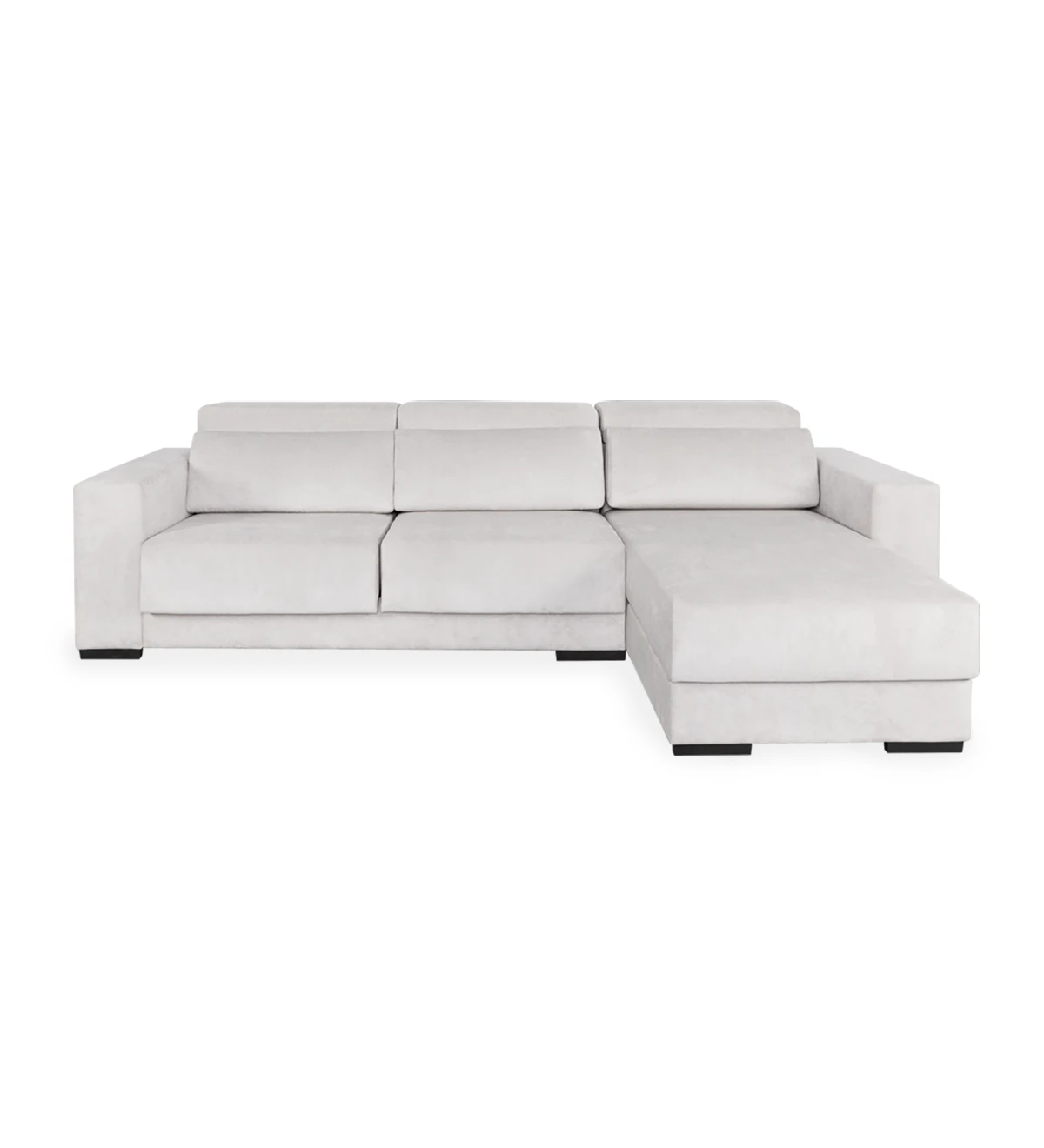 2 seater sofa with reversible chaise longue, upholstered in fabric, with reclining headrests, sliding seats, and storage on the chaise longue.