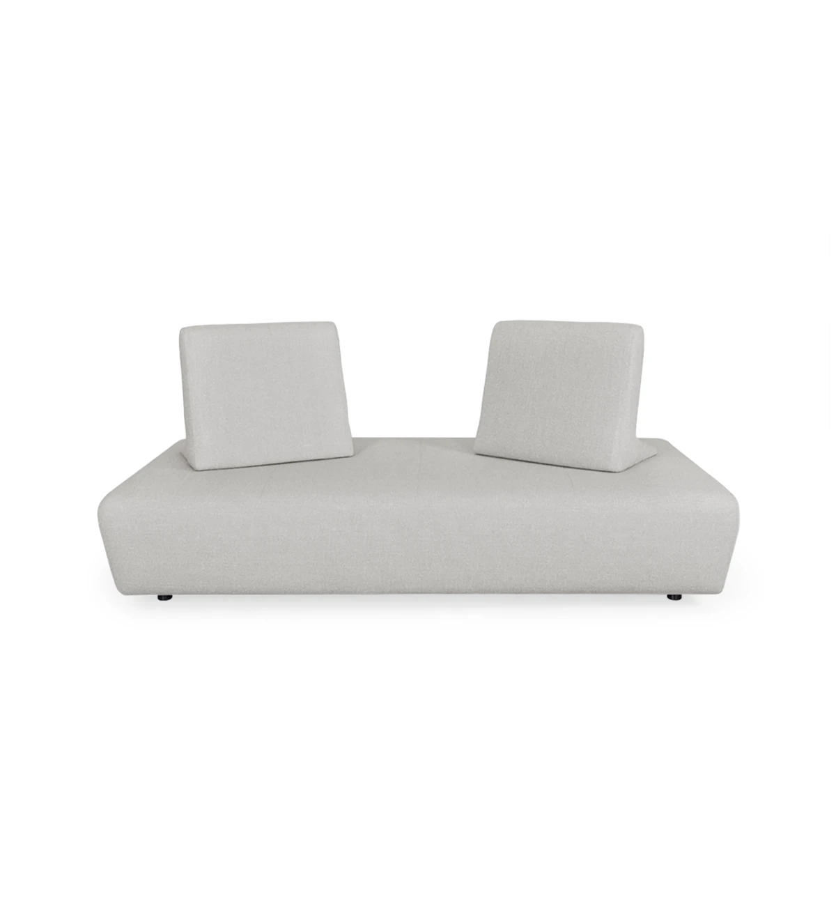 Sofa bed, upholstered in fabric, with removable back cushions.