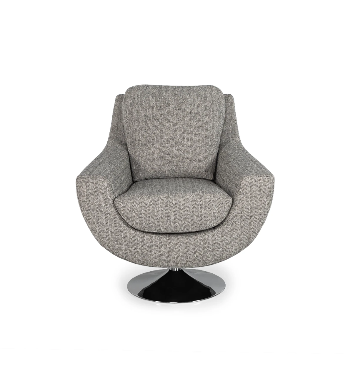 Amrchair upholstered in fabric with swivel base.