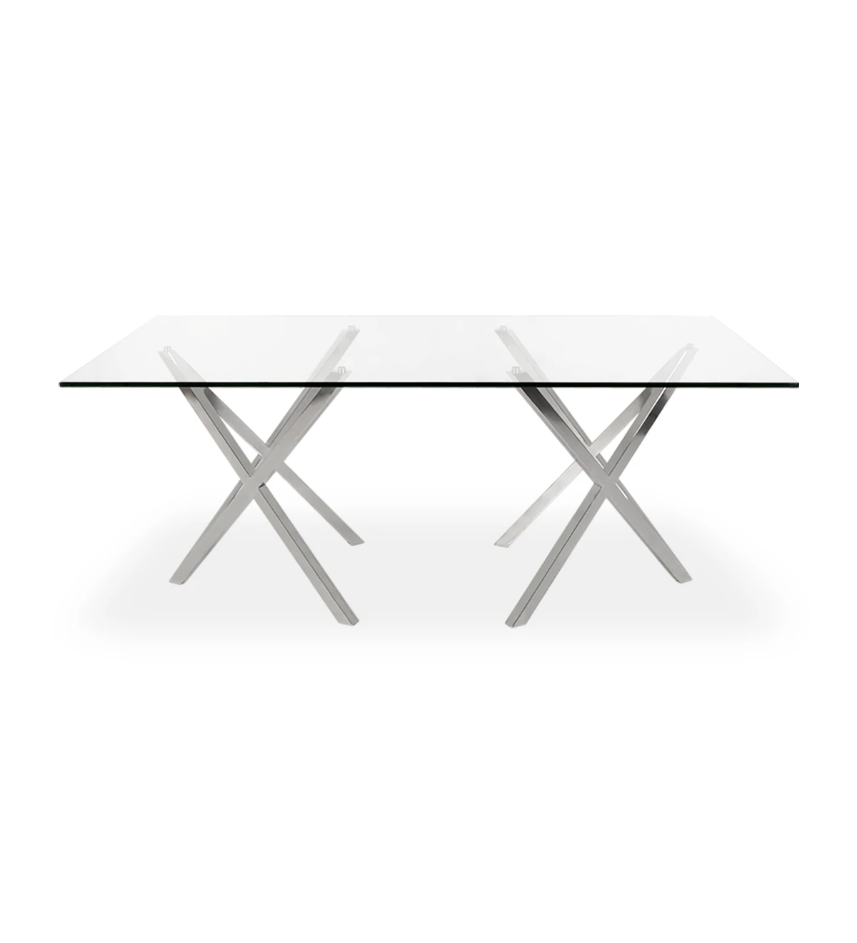 Mesa de comedor rectangular con tablero de cristal y pie de acero inoxidable.