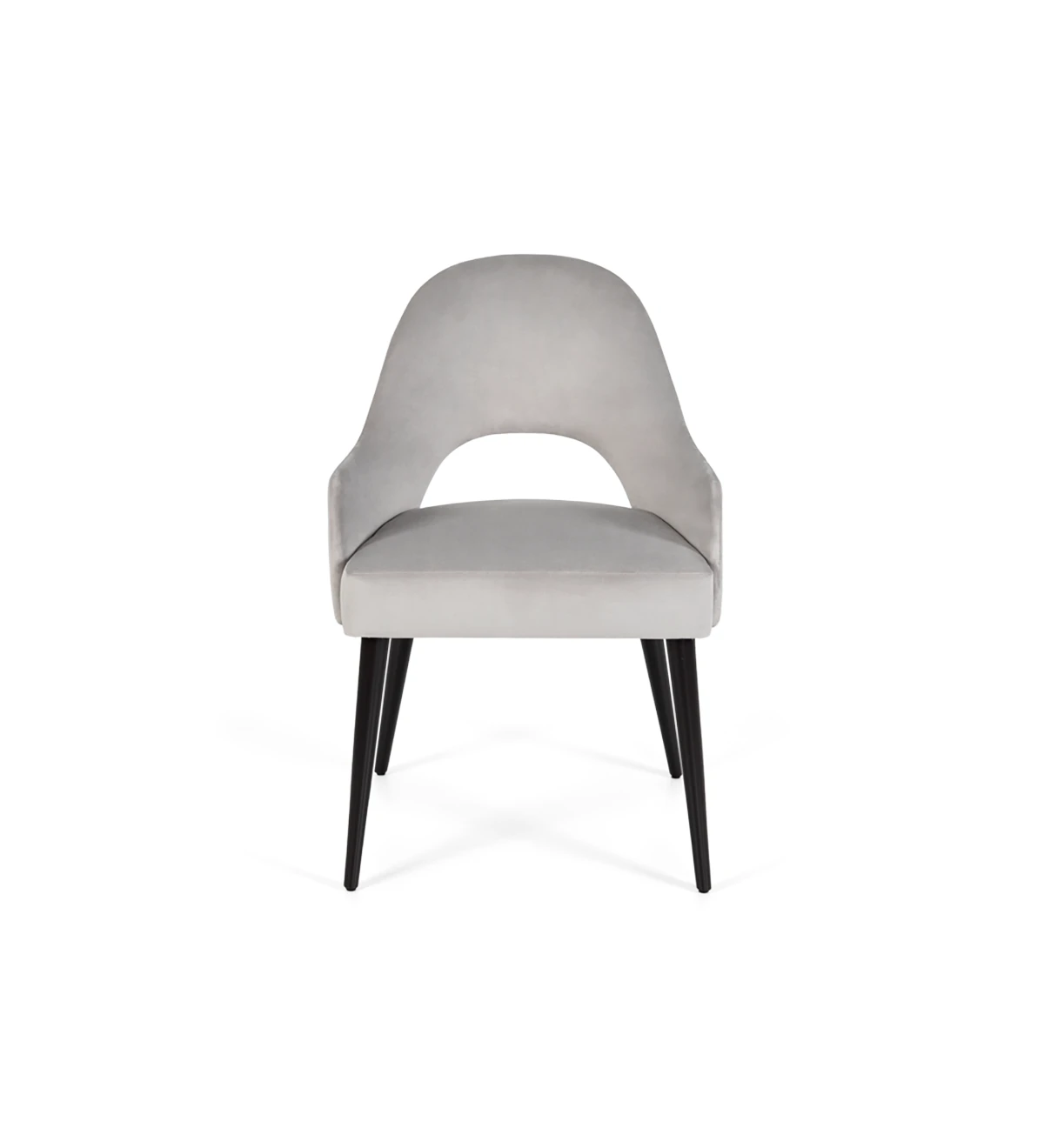 Chair with armrests, upholstered in fabric, black lacquered feet.