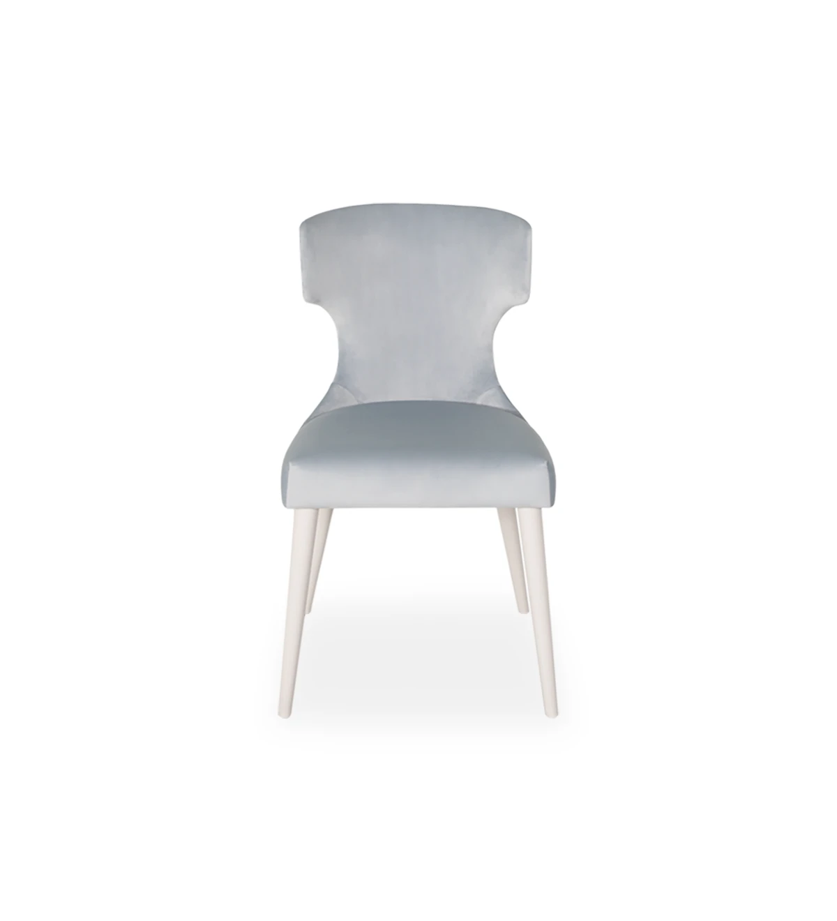 Fabric upholstered chair, with silver tack on the back and pearl lacquered feet.