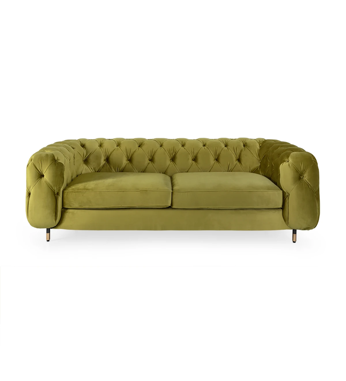 3 seater sofa upholstered in fabric, with metallic feet lacquered in black with golden detail.