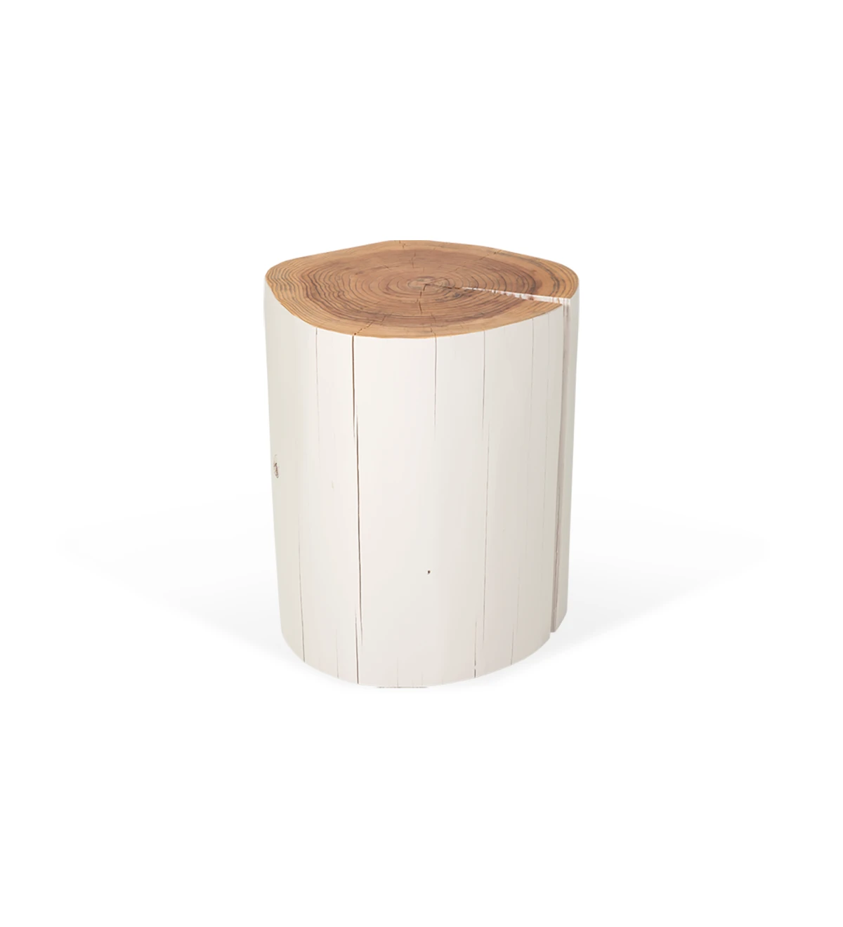 Table basse tronc haut en bois naturel de cryptoméria laqué perle, Ø 45 à 55 cm.