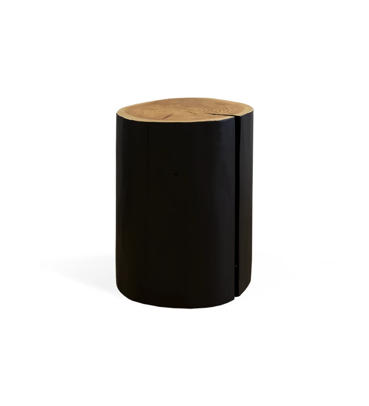 Trunk side table in natural cryptomeria wood, lacquered in black.