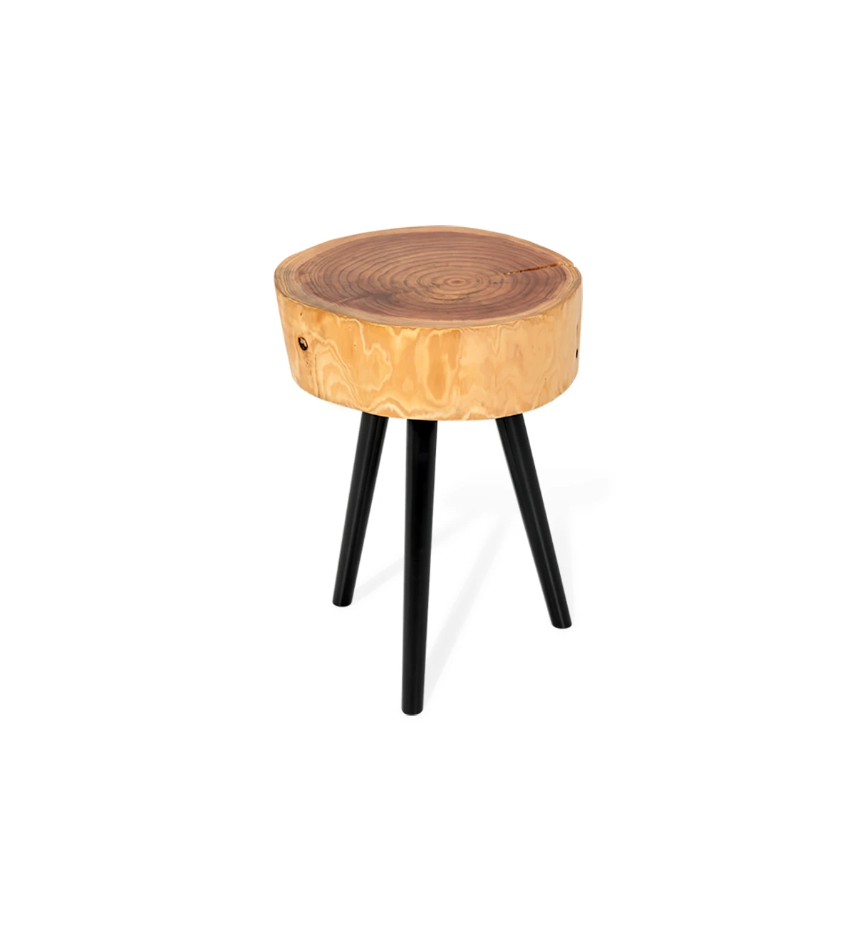 Trunk side table in natural cryptomeria wood, black lacquered feet, Ø 35 to 45 cm.