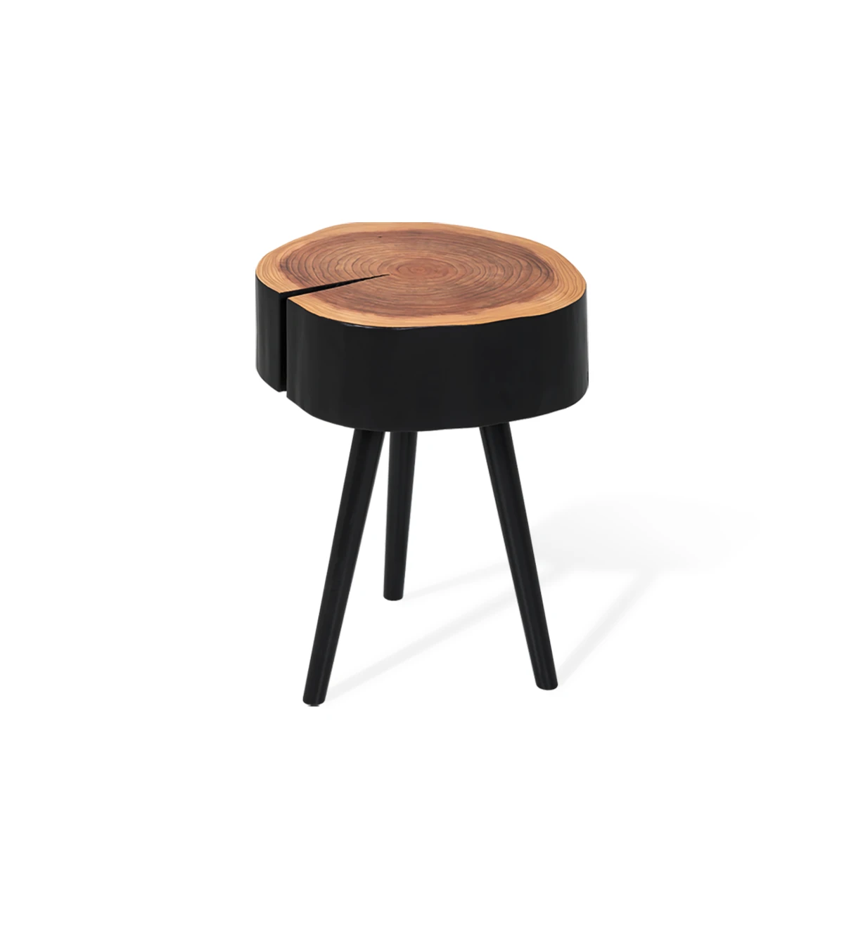 Trunk side table in natural cryptomeria wood lacquered in black, with 3 turned legs lacquered in black.
