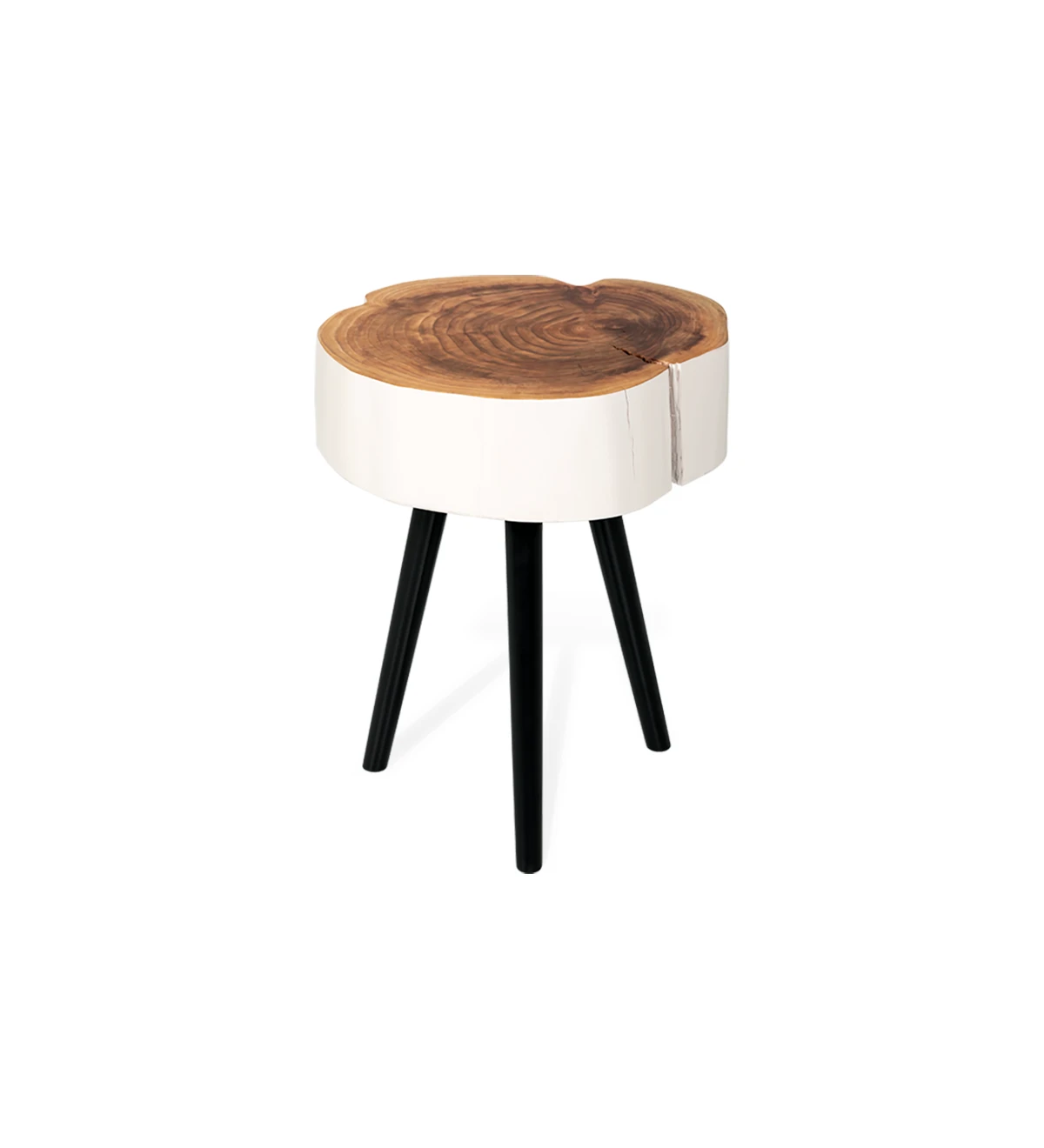 Trunk side table in natural cryptomeria wood lacquered in pearl, black lacquered feet, Ø 35 to 45 cm.