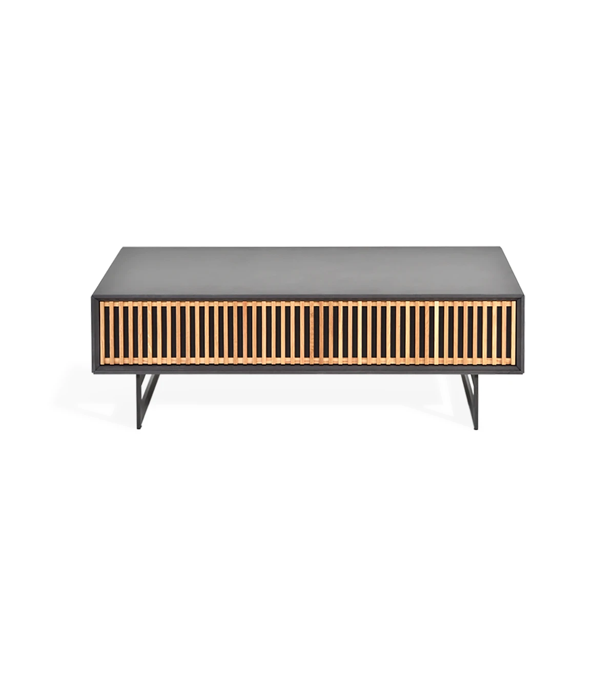 Tokyo rectangular center table, 1 drawer in natural oak, pearl lacquered structure and black lacquered metal feet, 110 x 65 cm.