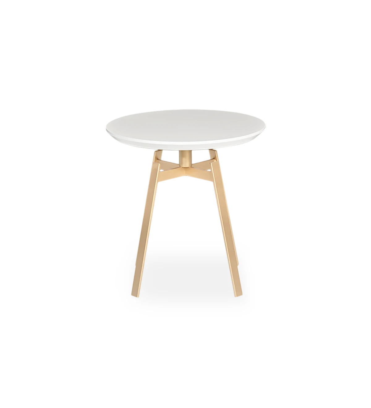 Round side table, with pearl lacquered top and gold lacquered metallic foot.