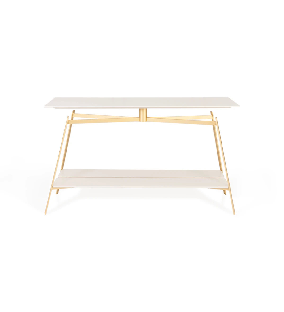 Console with pearl lacquered top and shelf, gold lacquered metal foot.