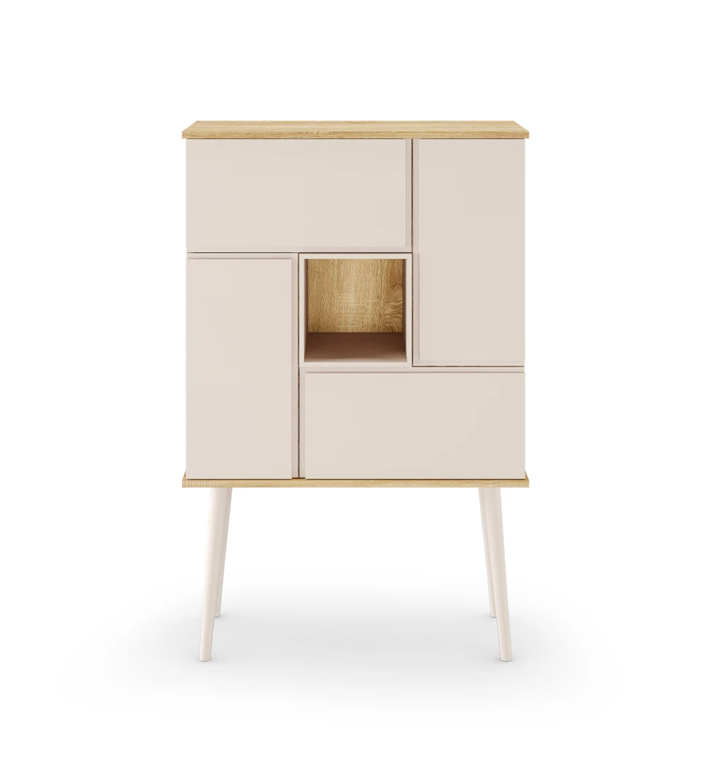 Oslo bar cabinet with natural oak structure, pearl lacquered doors, module and feet, 92 x 141,2 cm.