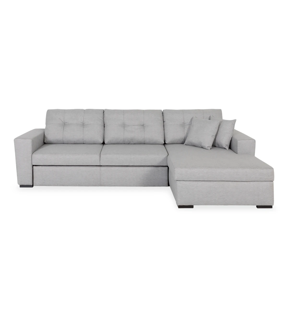Sofá cama Macau 2 plazas y chaise longue derecha, tapizado en tela gris claro, 284 cm.