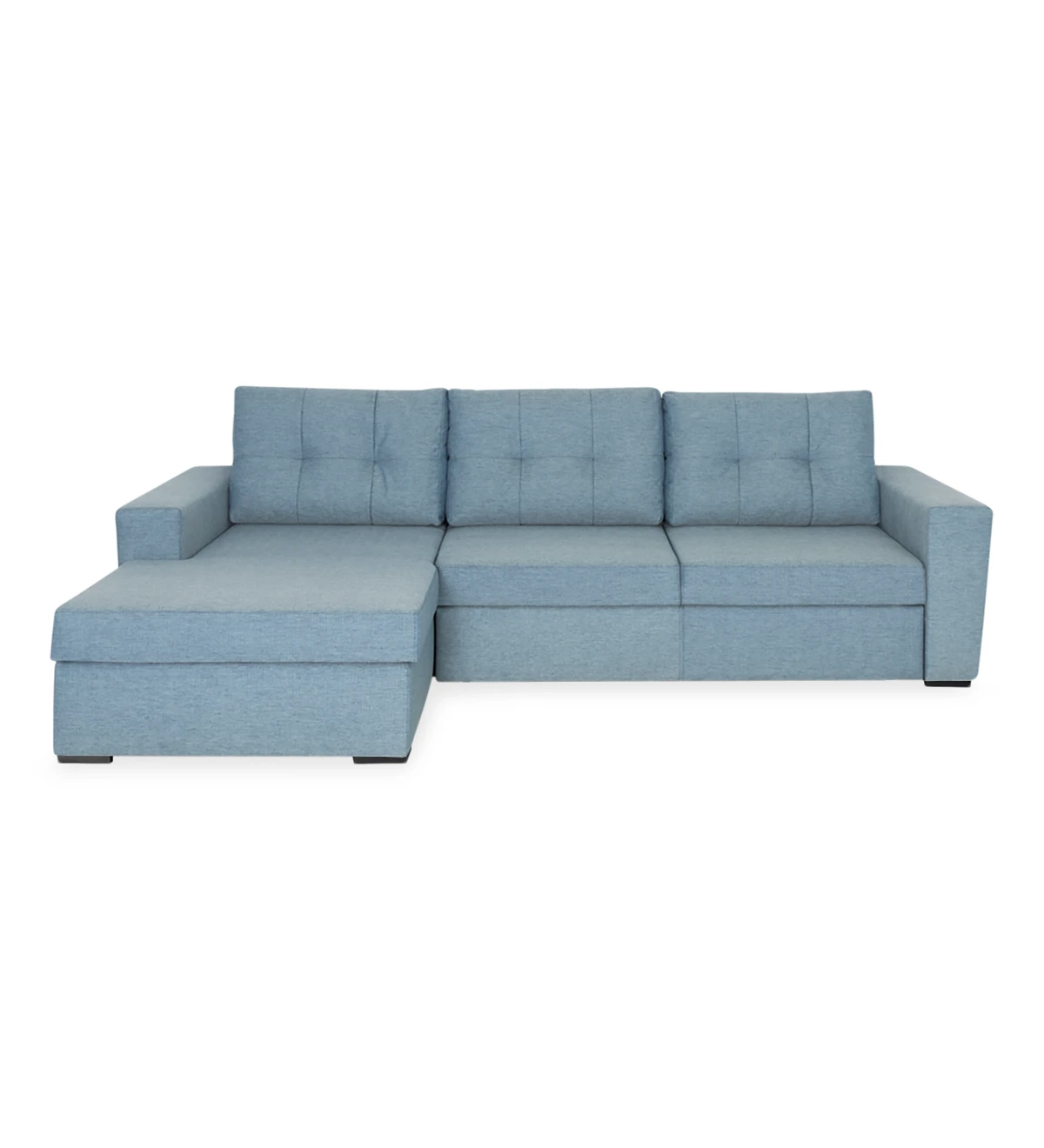 Sofá cama Macau 2 plazas y chaise longue izquierdo, tapizado en tela azul, 284 cm.