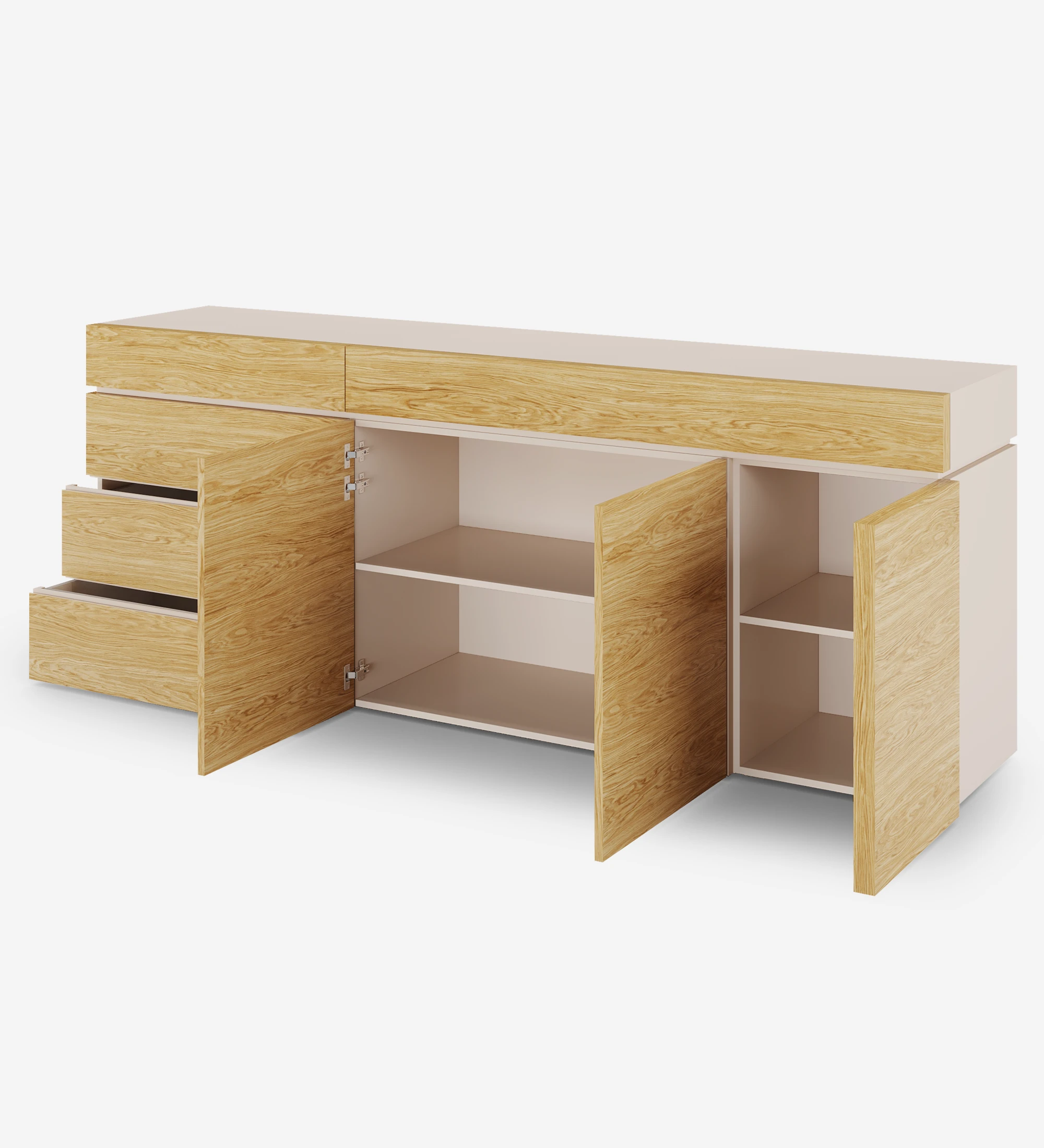 Sideboard with doors and drawers in natural oak, pearl lacquered structure, with drawer for cutlery.