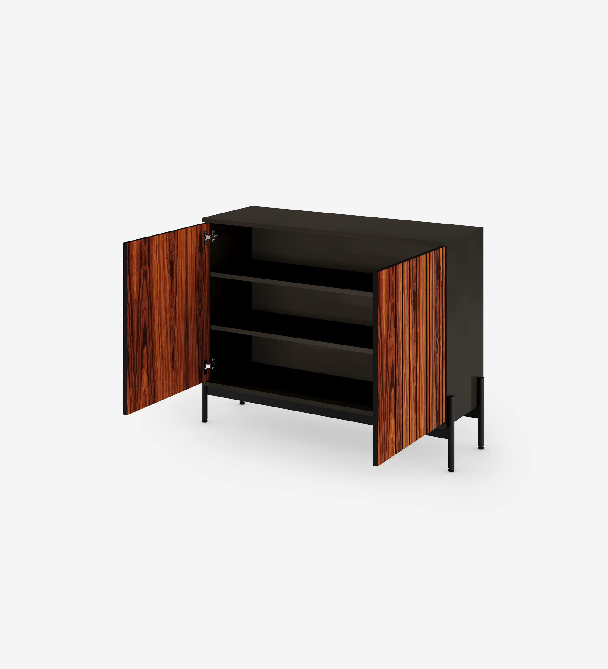 Shoes Cabinet with 2 doors with high gloss palissander trim, black structure and black lacquered metal feet with levelers.