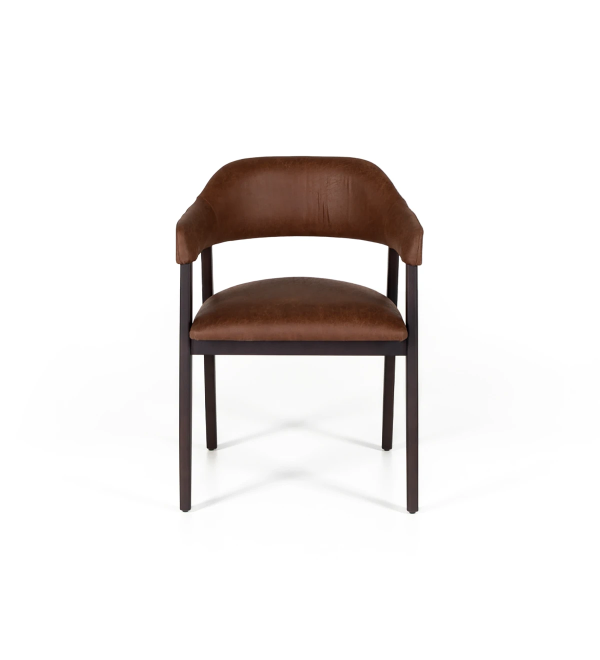 Dark brown ash wood chair with fabric upholstered armrests, seat and back.