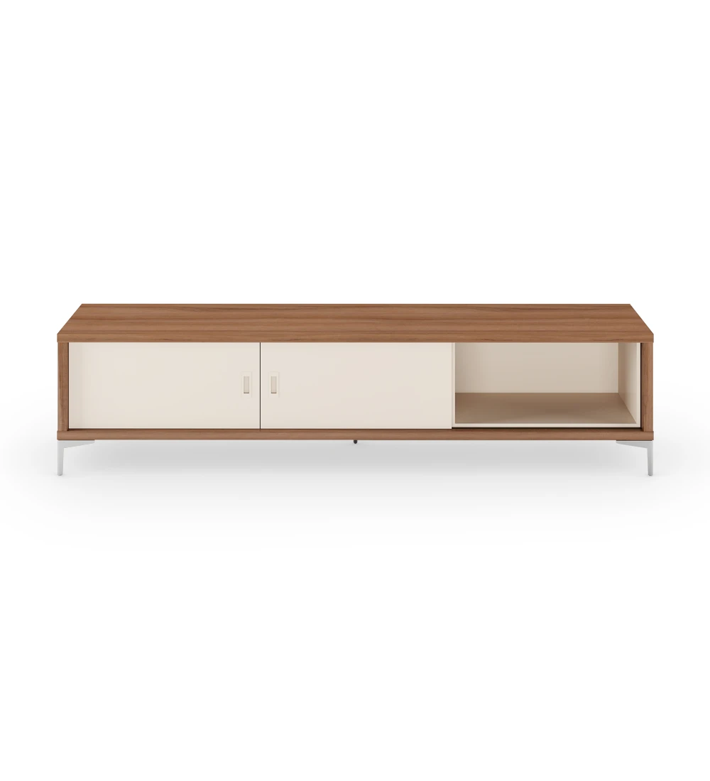 Rio TV stand 2 sliding doors in pearl, walnut structure and metal feet, 195 x 50 cm.