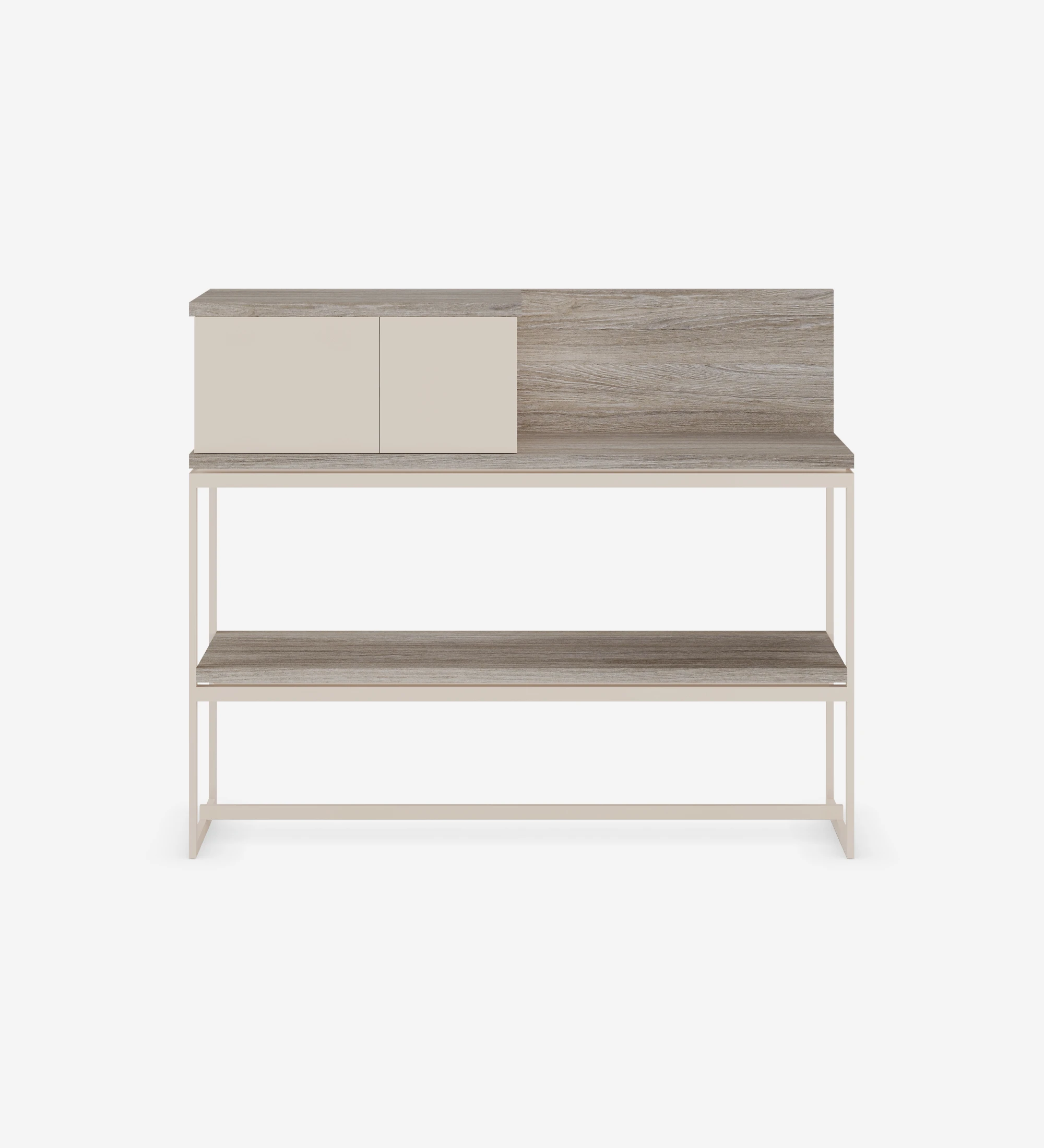Console with tops and shelf in decapé oak, module with 2 doors lacquered in pearl and metallic feet lacquered in pearl