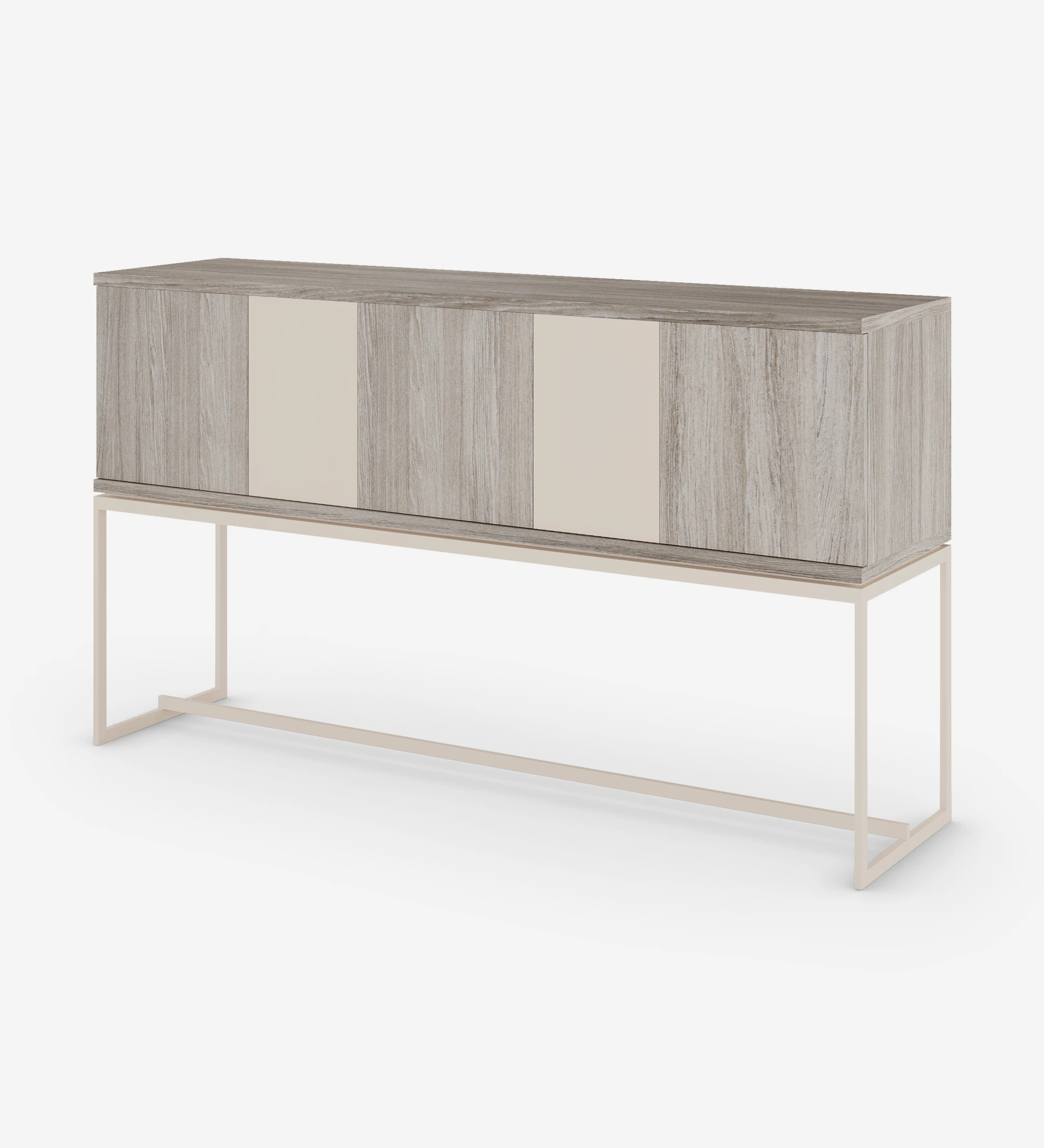 Sideboard with 3 large doors and structure in decapé oak, 2 small doors in pearl lacquer, with pearl lacquered metal feet